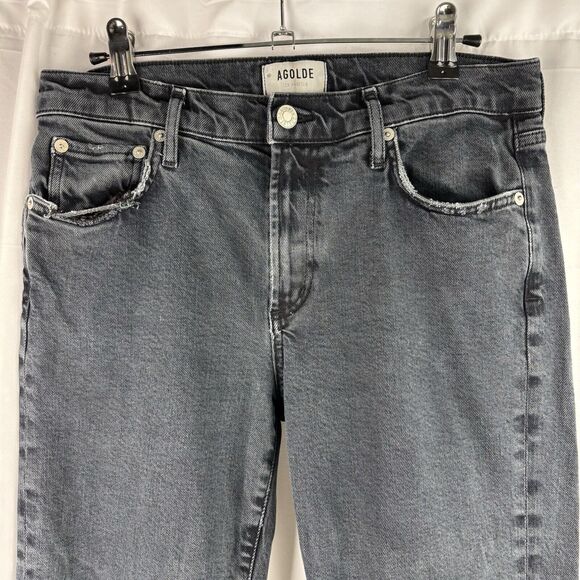 AGOLDE Toni Jeans Women's 27 Black Stretch Distressed Frayed Straight Mid Rise - Picture 4 of 16